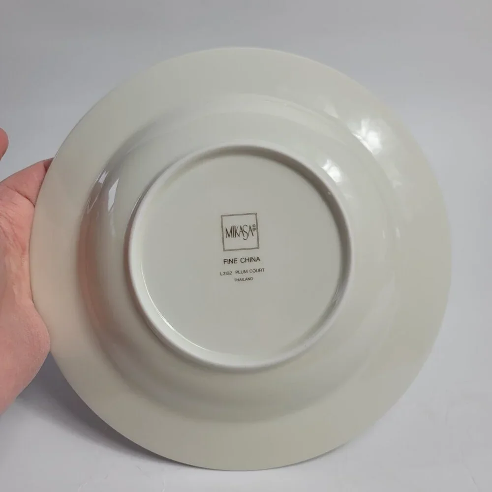TWO Mikasa Plum L3132 Court Rim Soup Bowls White with Purple Plums Green Leaves